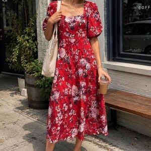 Anthropology red floral dress puff sleeve square neck coquette garden festival